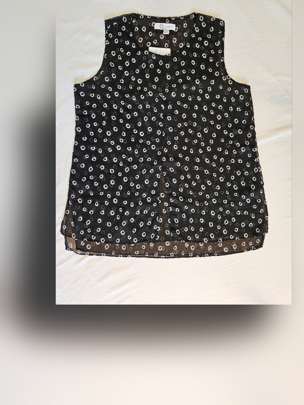 NWT Size Medium Cristina B. Layered Black Sheer Top with White Dot Pattern